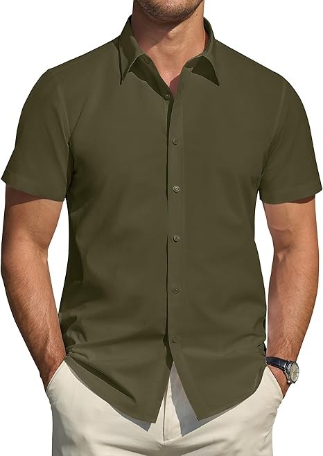 J.VER Men's Short Sleeve Dress Shirts Stretch Stain Shield Casual Button Down Shirts Solid Formal Shirt