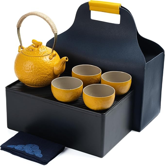 TEANAGOO Portable Japanese Tea Set for Women, Orange Travel Ceramic Tea Set, 1 Teapot (700ml/25oz) + 4 Tea Cups(110ml/4oz), U4, Tea Tray Storage box, Beautiful Japan Tea Set for Adults
