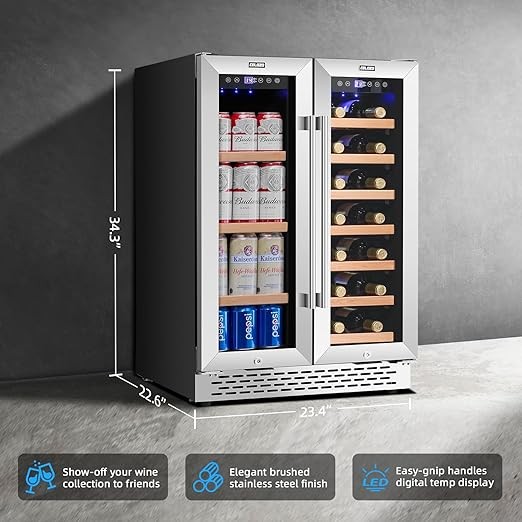Wine Cooler Beverage Refrigerator 24 inch 18 Bottles & 57 Cans Beverage Fridge Dual Zone Wine Cooler Under Counter Lockable Freestanding with Glass Door for Drink Bar Kitchen Cabinet Commercial