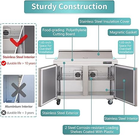 WESTLAKE 48 W 2 Door Refrigerator Sandwich & Salad Prep Table Commercial Mega Top Refrigerator Stainless Steel Counter Fan Cooling Refrigerator with 18 pans-48 Large Capacity Inches for Restaurant