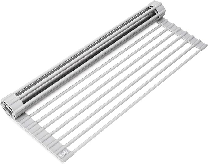 Surpahs Over Sink Foldable Multipurpose Roll-Up Dish Drying Rack, Silicone Wrapped Stainless Steel, Warm Gray, 17.5" x 13.1"