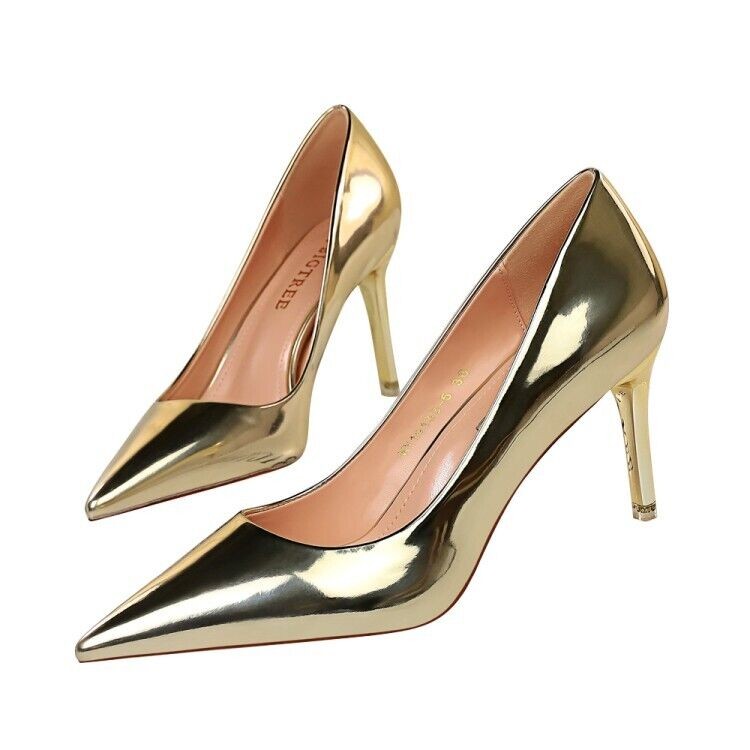 Ladies Club Party Shoes Metallic Synthetic Leather High Heels Pumps UK Size S601