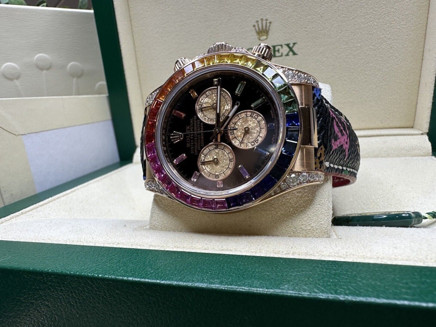 Rolex Rose Gold 116505 Daytona 116595RBOW Rainbow Sapphire Bezel Diamond Lugs