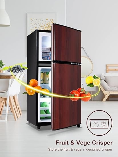 3.5 Cu.Ft Compact Refrigerator, Retro Fridge with Dual Door, Small Refrigerator with freezer,7 Level Adjustable Thermostat for Garage, Dorm,Bedroom, Office, Apartment-Wood